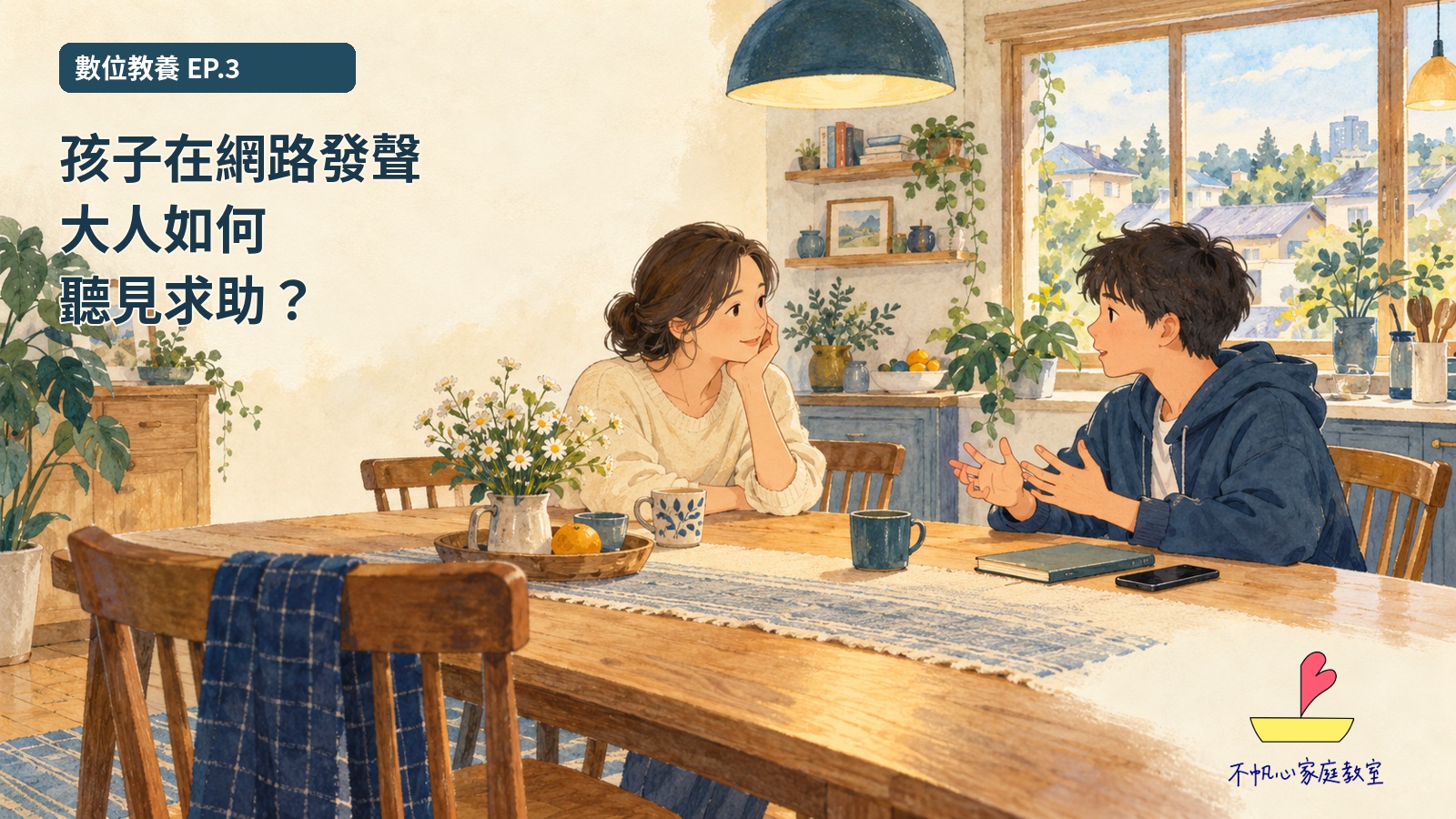 數位教養EP.3概念手繪封面：青少年與母親在明亮餐桌兩側交談，手機和筆記本放在桌上；左側標題為孩子在網路發聲，大人如何聽見求助？右下為正式不帆心家庭教室Logo。