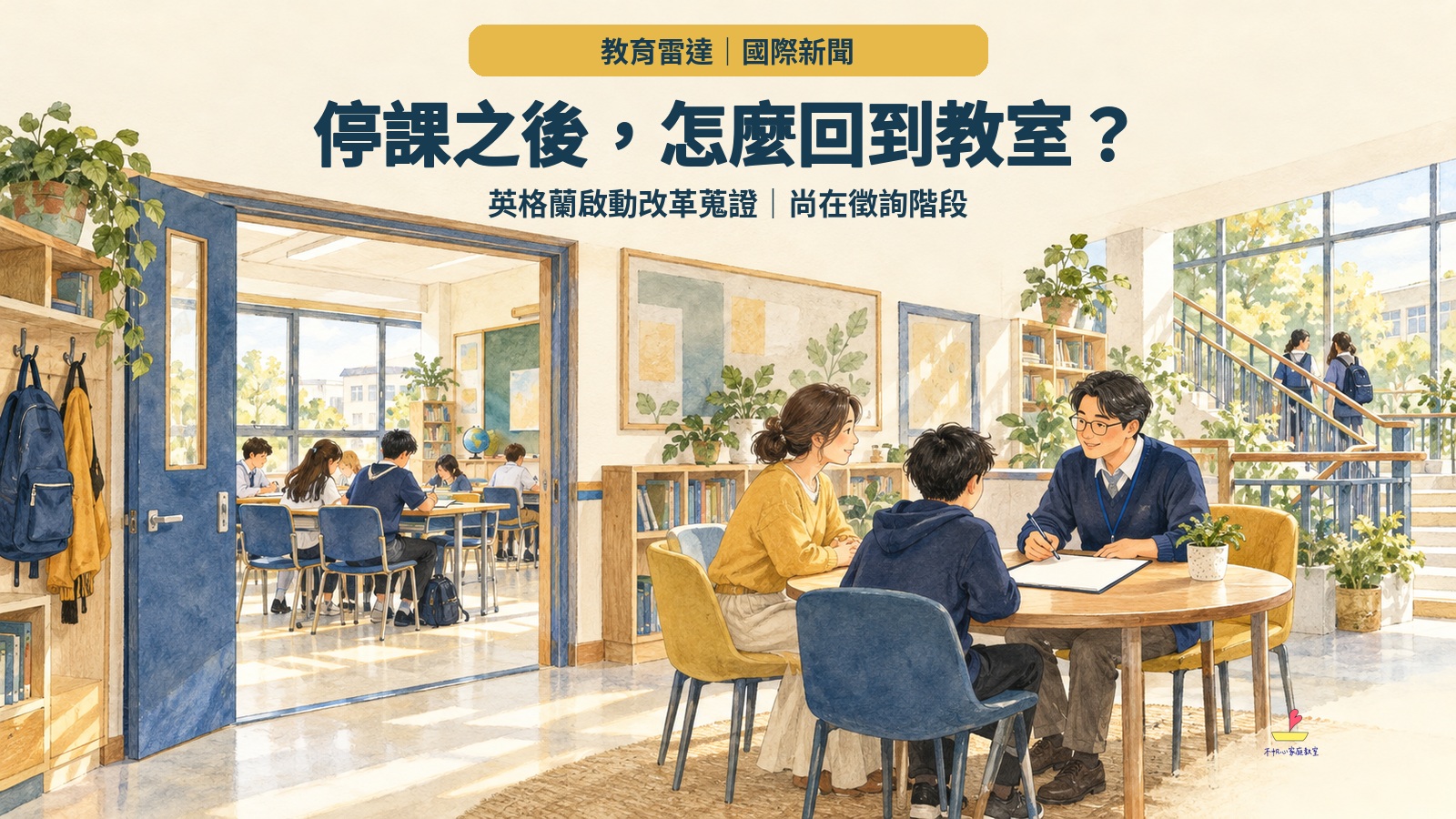 手繪概念校園中,學生與家長、老師在教室旁討論回班安排,主標為停課之後,怎麼回到教室;非真實事件照片。