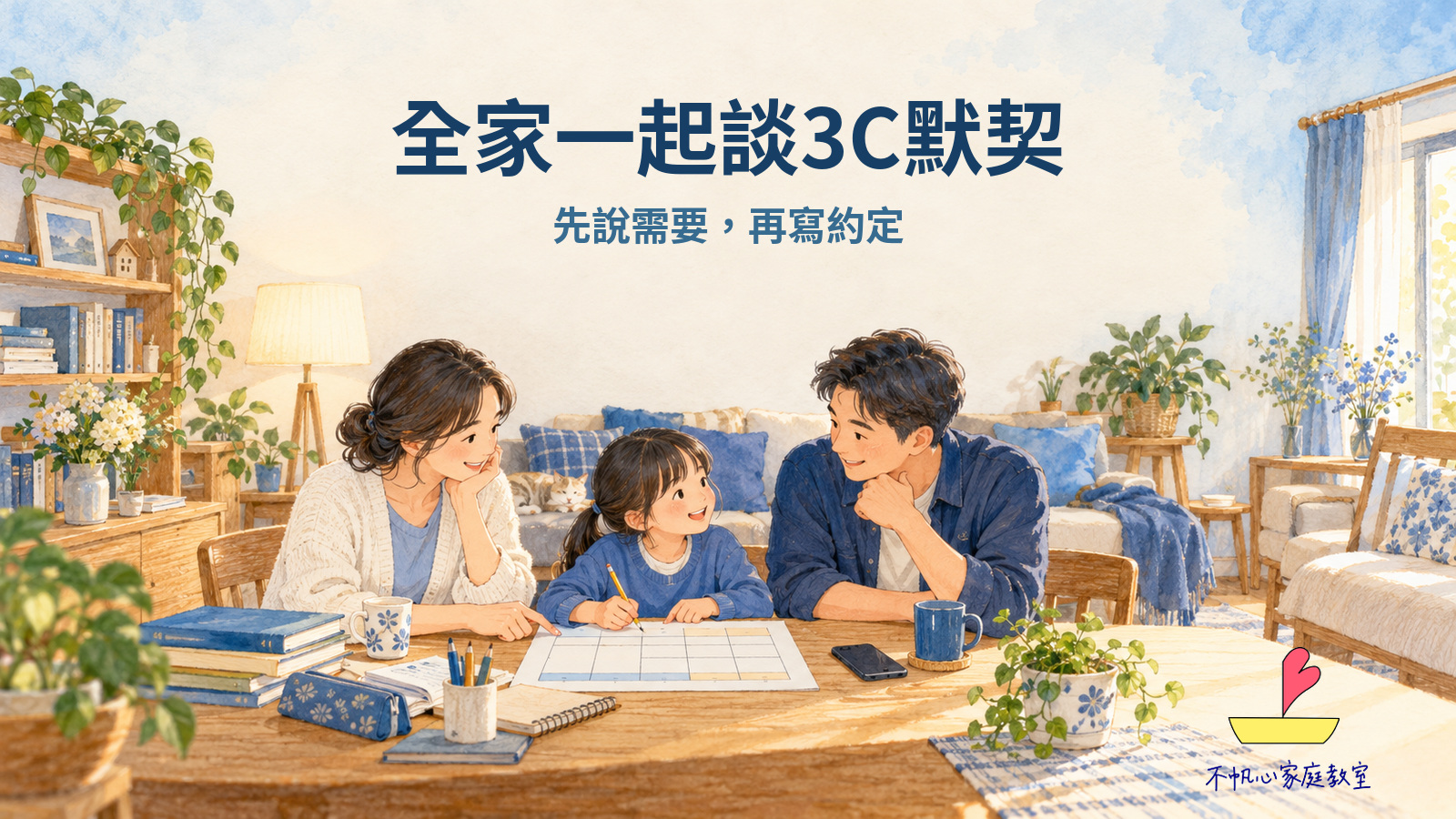 親子坐在桌邊共同討論3C使用約定與每週計畫,AI概念插畫
