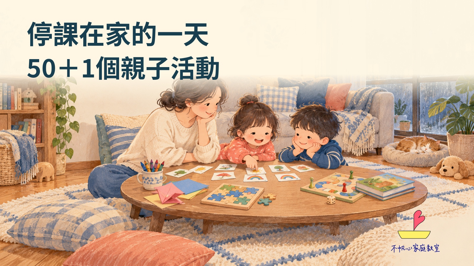 停課在家的一天，50＋1個親子活動靈感：家長和孩子在室內玩拼圖、折紙與畫畫的可愛手繪概念插圖