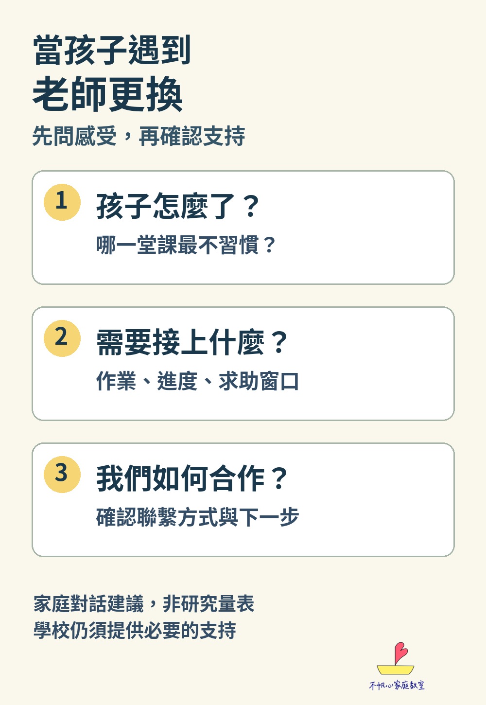 孩子遇到老師更換時，了解感受、確認所需支持與討論合作方式的三個對話方向