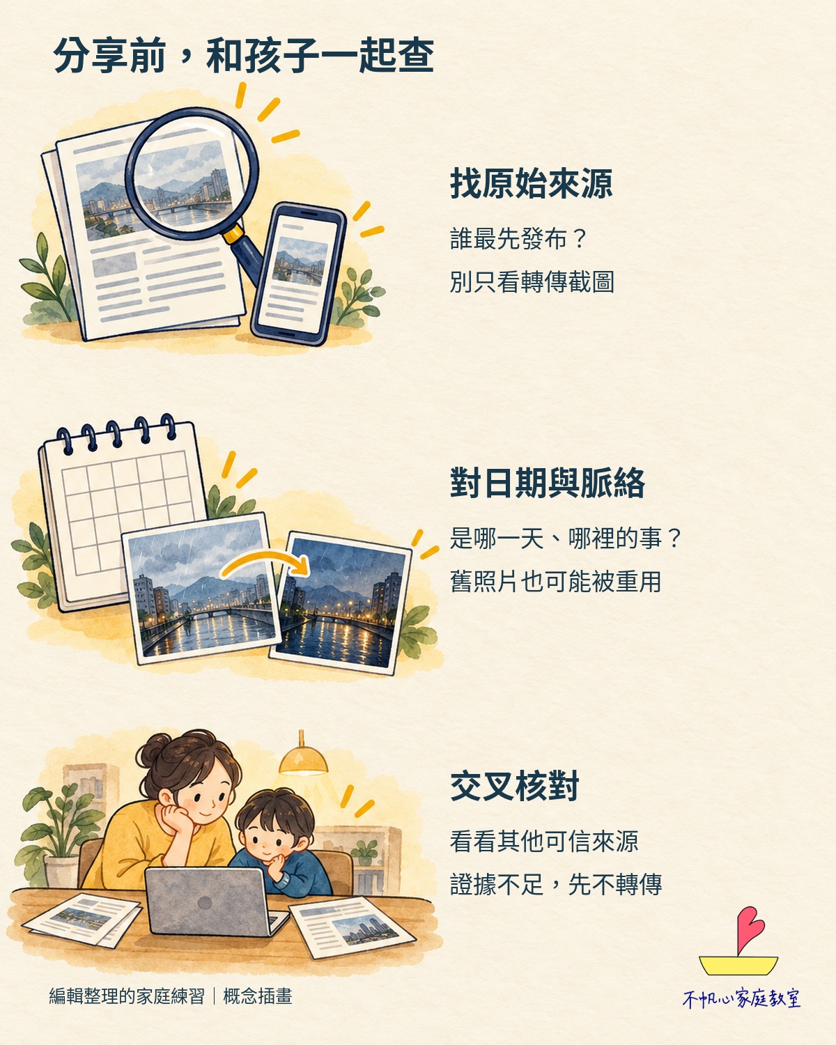 分享前和孩子一起查：找原始來源、對日期與脈絡、交叉核對，證據不足先不轉傳