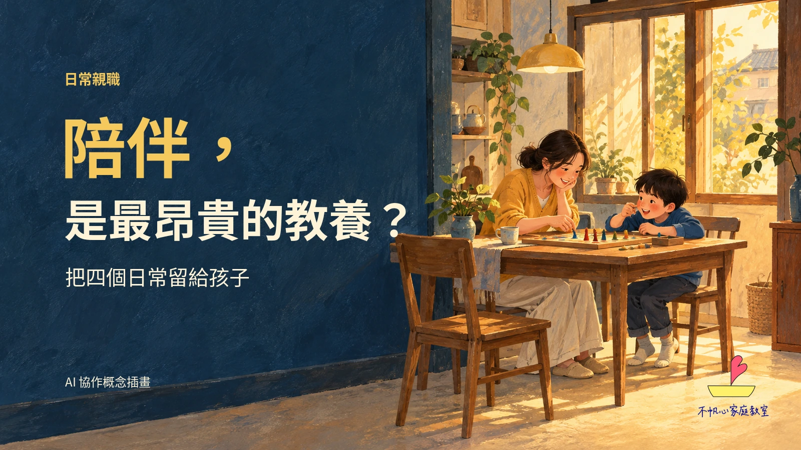親子在家一起遊戲與交流的手繪概念插畫