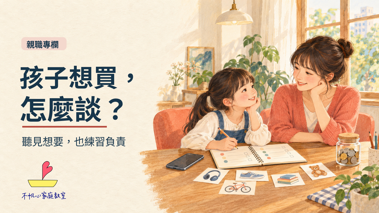 概念插畫：家長與孩子在桌邊討論手機、願望清單與記帳；標題為孩子想買，怎麼談？