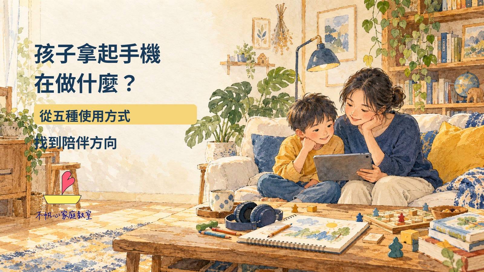 親子在客廳一起看平板，桌上有書本、畫筆與遊戲棋子；五種數位使用方式的陪伴概念插畫。