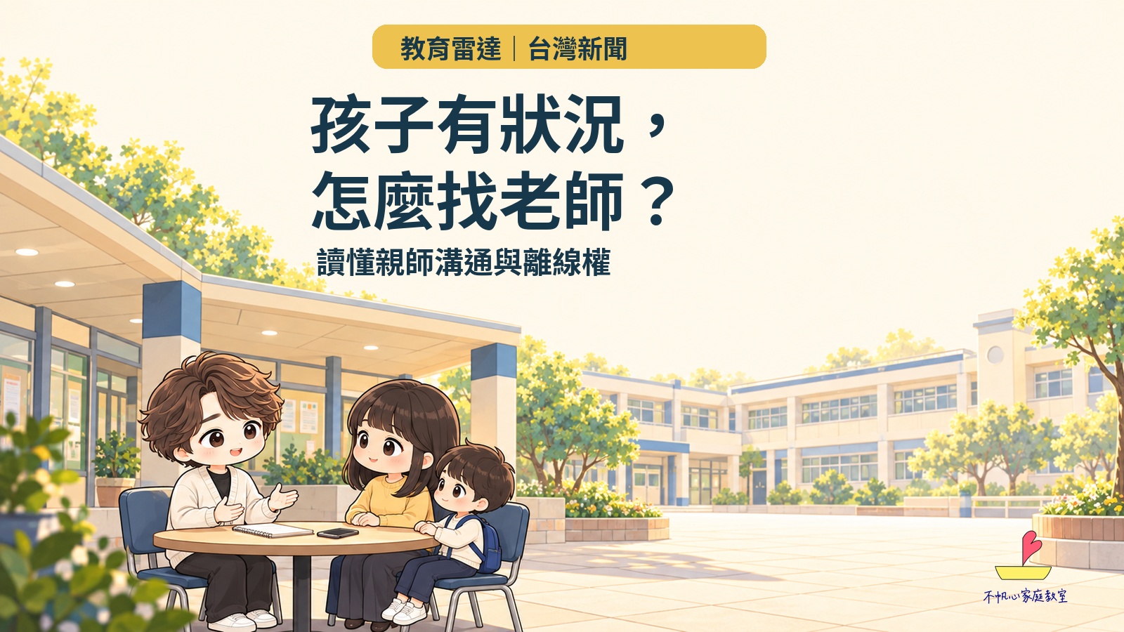 概念插畫：家長與孩子在校園接待區和老師談話，標題孩子有狀況，怎麼找老師？