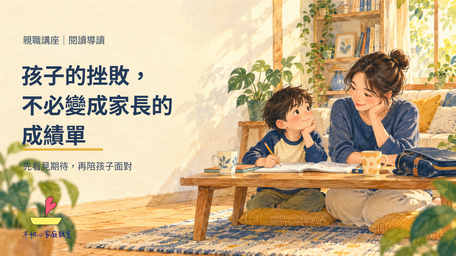 手繪概念插畫：家長在客廳書桌旁聽孩子說話，封面標題為孩子的挫敗，不必變成家長的成績單，左下為正式不帆心家庭教室標誌