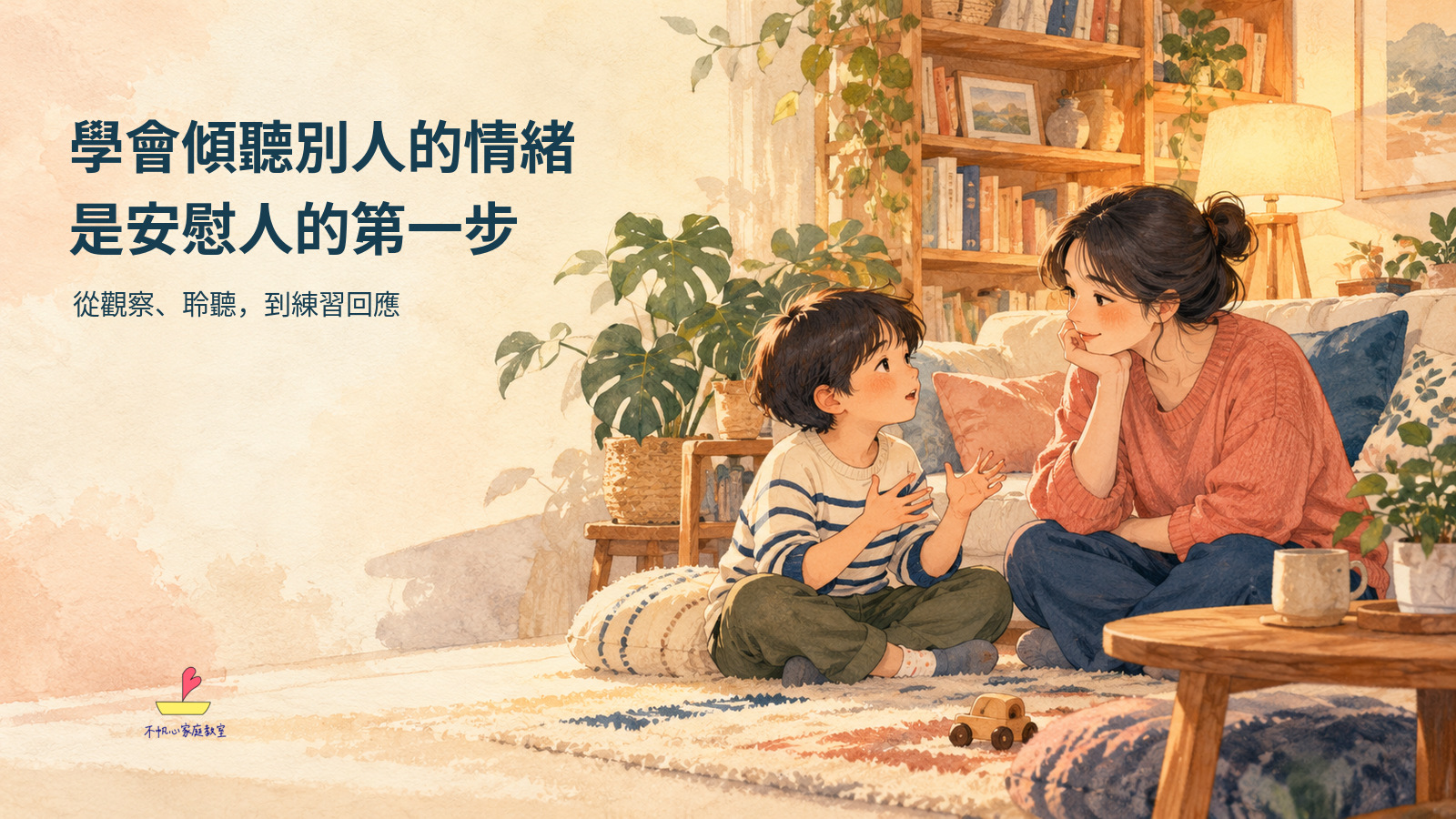 家長與孩子平視交談，家長安靜聆聽的暖色手繪概念插畫