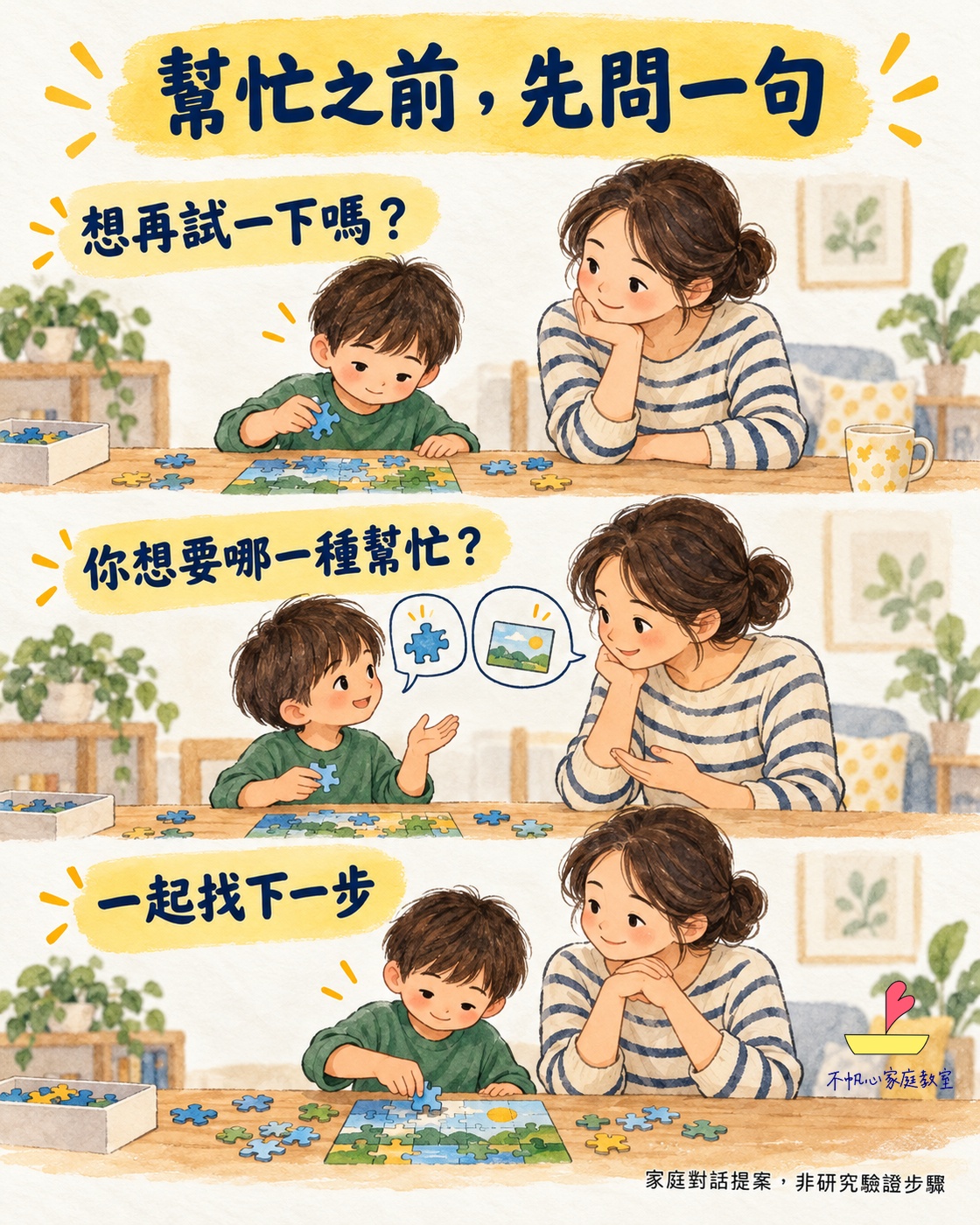 幫忙前可以問：想再試一下嗎、你想要哪一種幫忙，再一起找下一步。