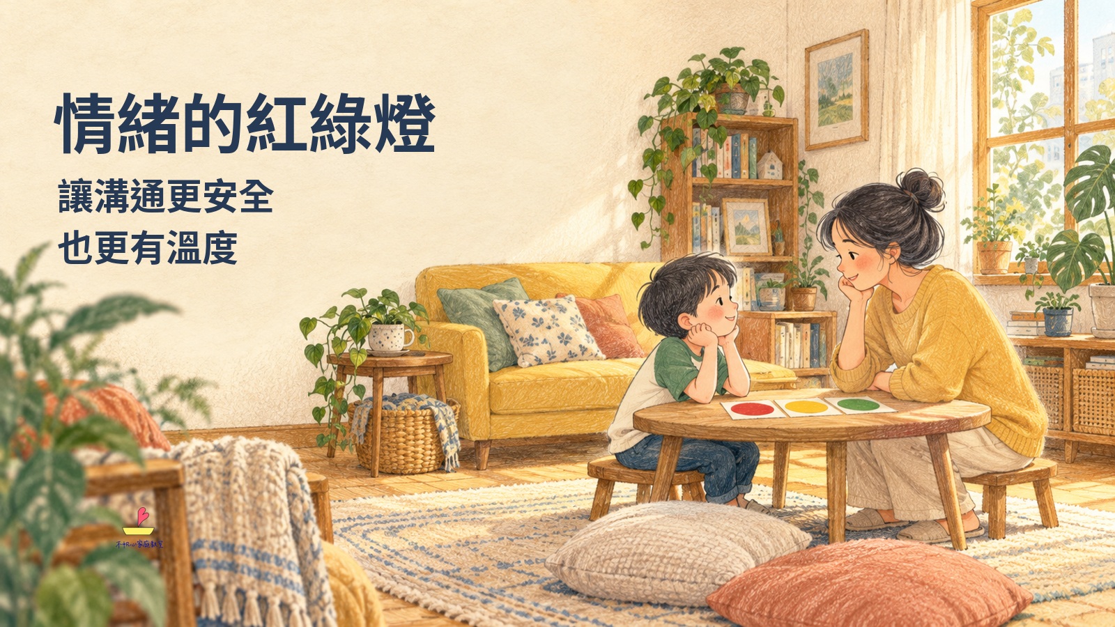 親子在客廳用紅黃綠卡片分享感受，情緒的紅綠燈概念插畫