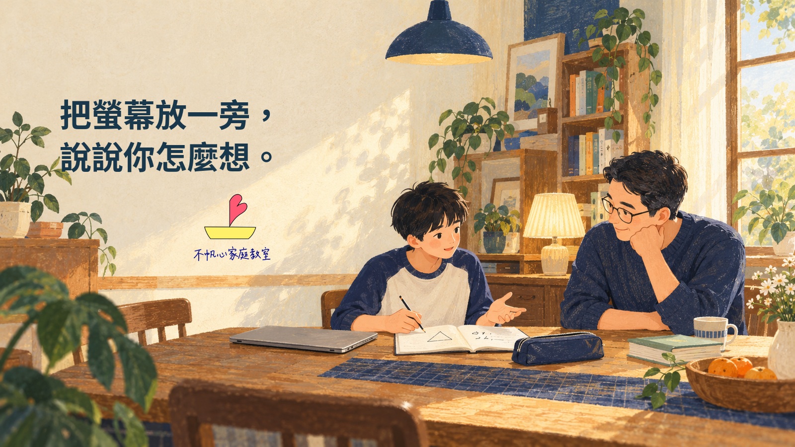孩子合上筆電，用紙筆向父親說明解題想法的家庭陪伴概念插畫
