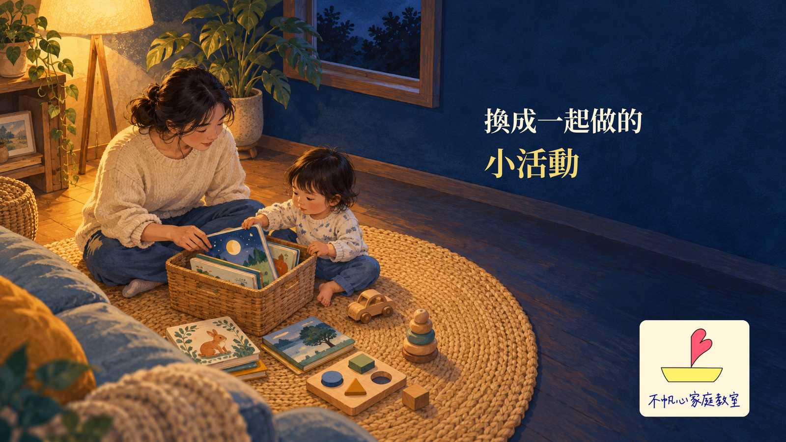 夜晚的親子活動角落，照顧者與幼兒一起選書、拼圖和畫畫用品的手繪概念插畫