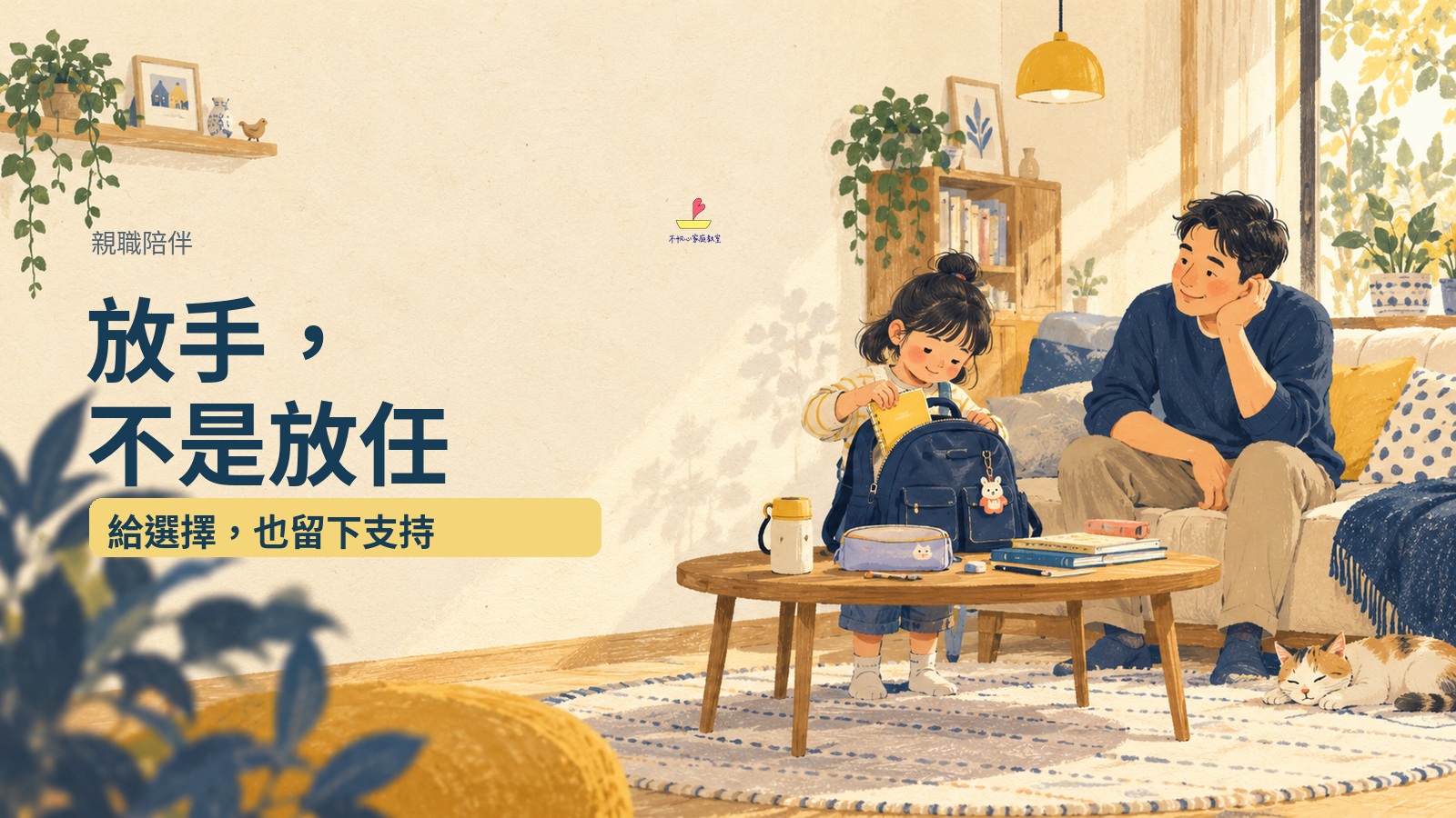 放手，不是放任：孩子試著自己收拾書包，爸爸在一旁關心而不代做的概念插畫。