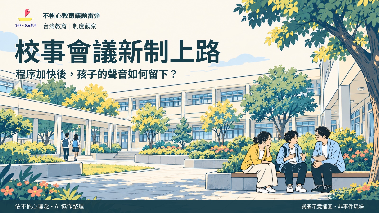 滿版手繪校園新聞封面：完整教學大樓、走廊與庭院，右下角家長和老師聆聽青少年；大標題為校事會議新制上路，程序加快後，孩子的聲音如何留下。為概念場景，非特定學校或事件