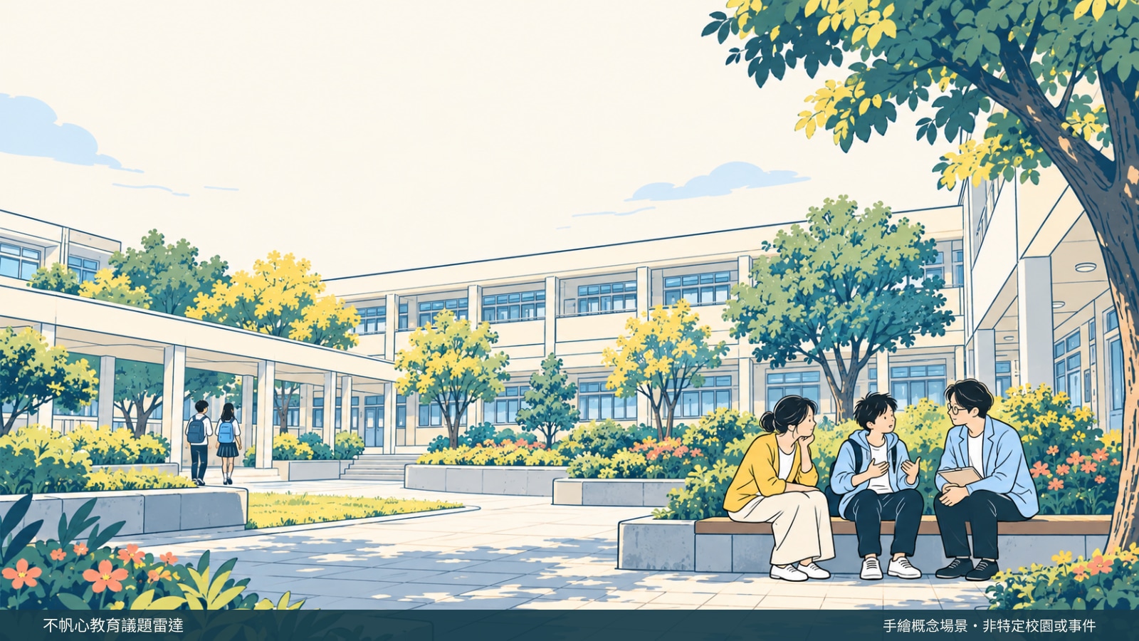 完整校園手繪概念場景：教學大樓、開放走廊與庭院，遠處學生行走，右下角小幅家長、學生與老師平等交談，不代表特定校園或事件