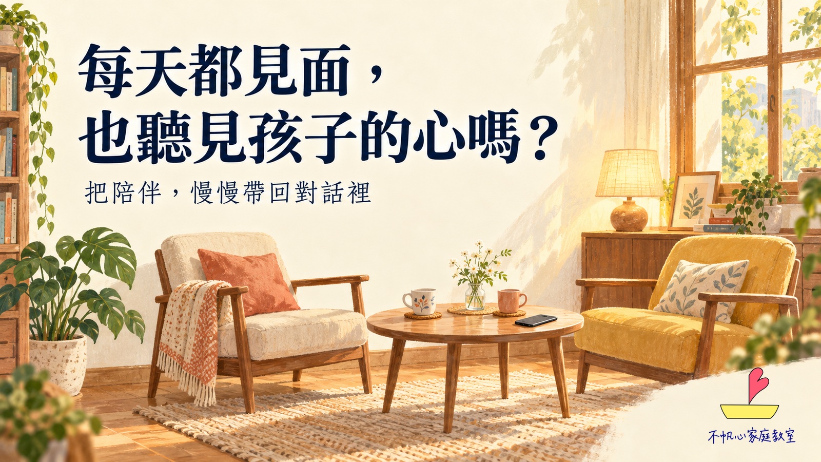 溫暖客廳中兩張相對的椅子、茶杯與放下的手機，示意為親子對話留出空間。