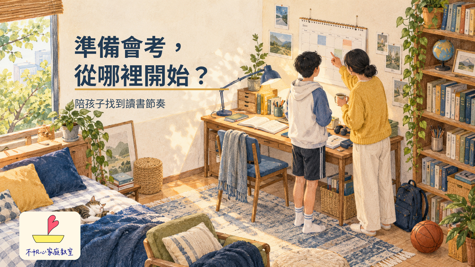 概念插畫：家長與國中生在家庭書房一起看牆上的週計畫，旁邊有書架、書桌和籃球；標題為準備會考，從哪裡開始？