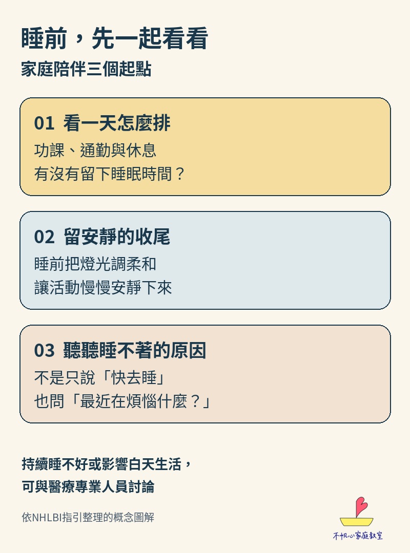 睡前家庭陪伴三個起點：看一天怎麼排、留安靜的收尾、聽聽睡不著的原因