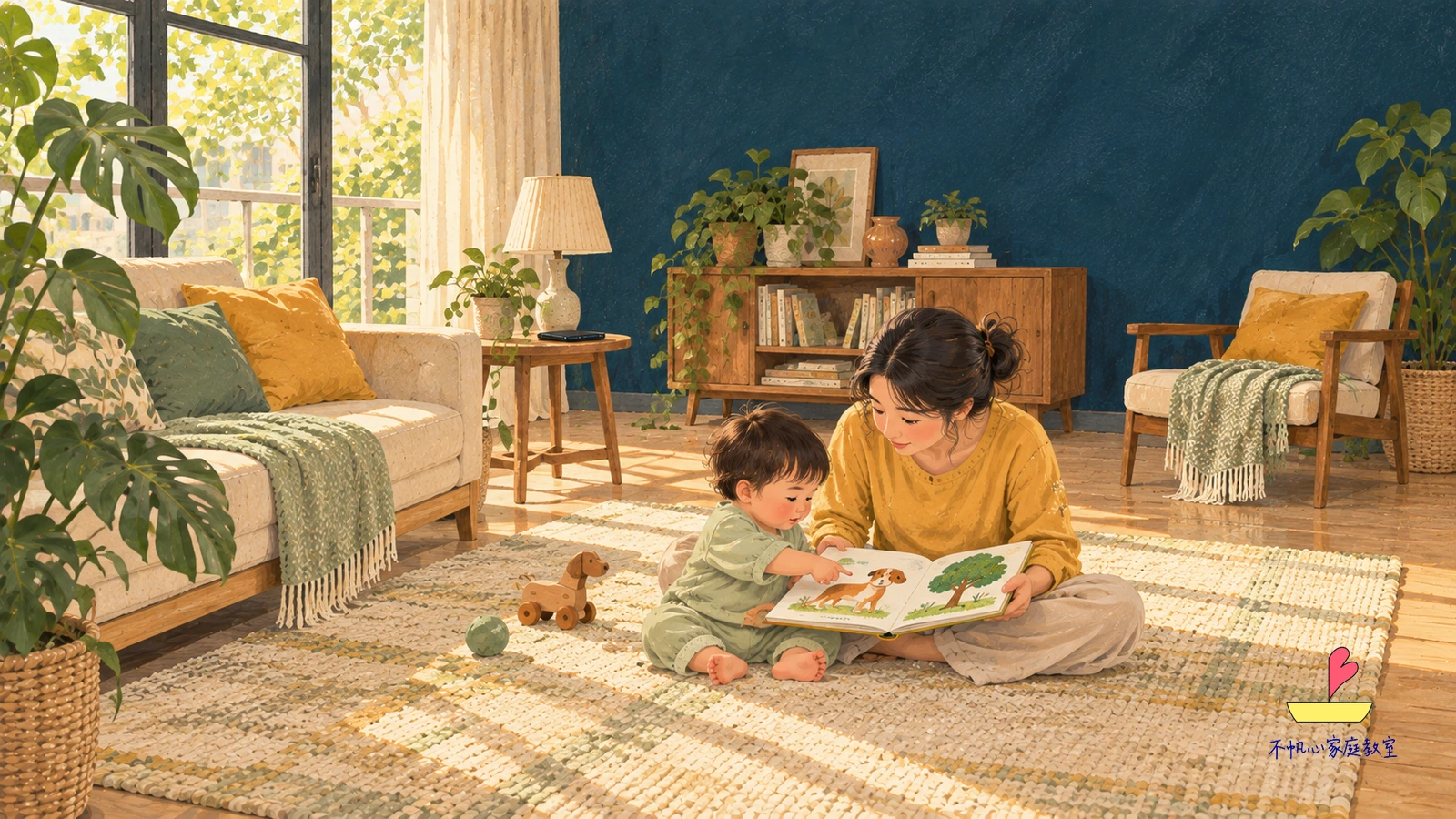 家長和幼兒坐在地毯上共讀，順著幼兒指向的狗狗圖像看過去，等待孩子用聲音或動作回應；手機放在一旁矮桌。