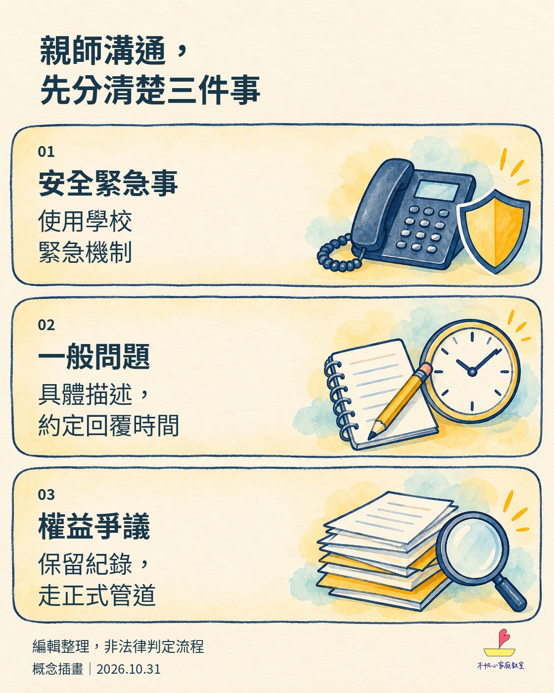 親師溝通三類編輯建議：安全緊急事使用學校緊急機制；一般問題具體描述並約定回覆時間；權益爭議保留紀錄走正式管道。