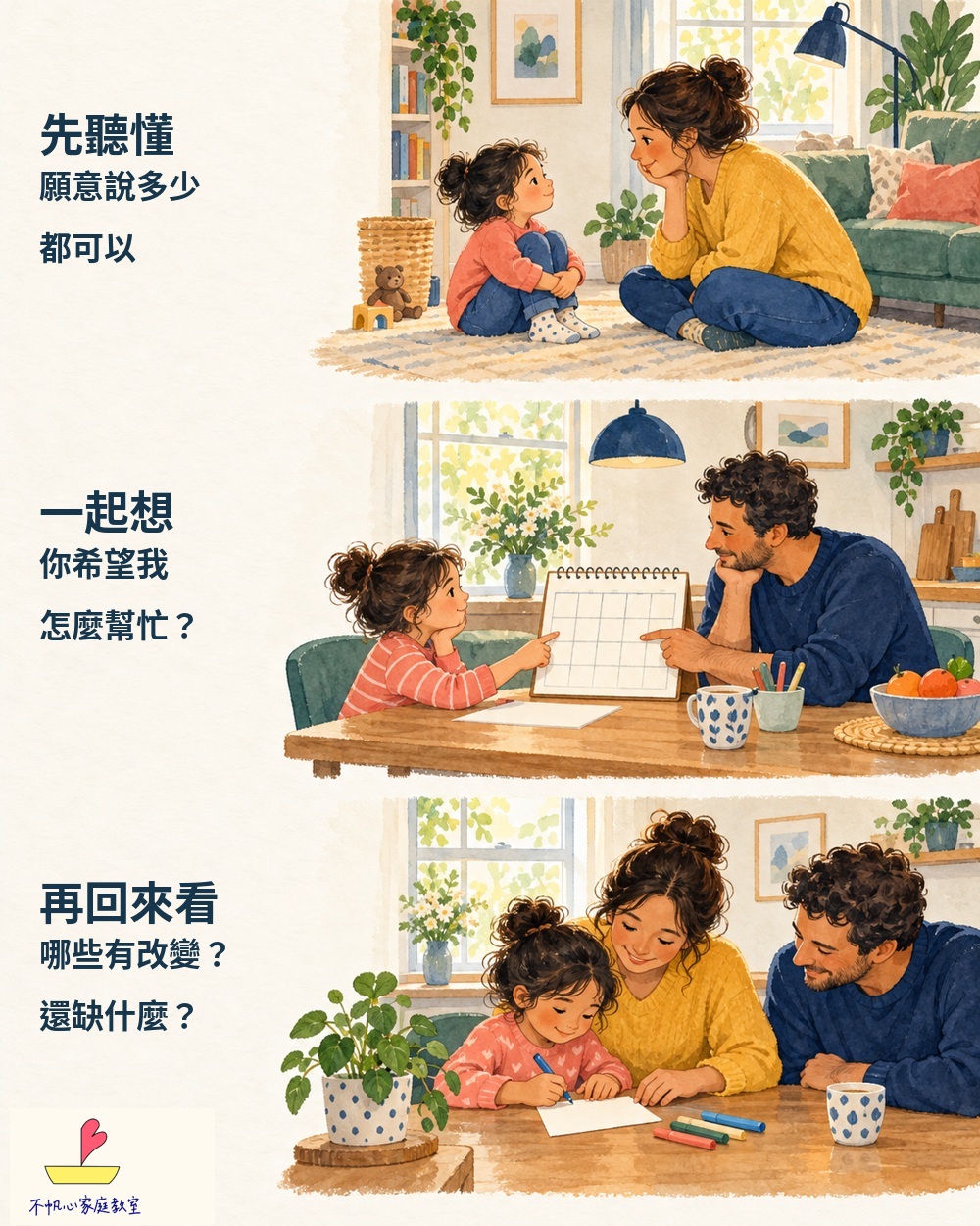 先聽懂、一起想、再回來看:由新聞延伸的家庭對話建議,手繪概念插畫